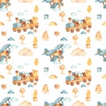 Watercolor seamless pattern with childrenÃ¢â¬â¢s wooden toys on a white background